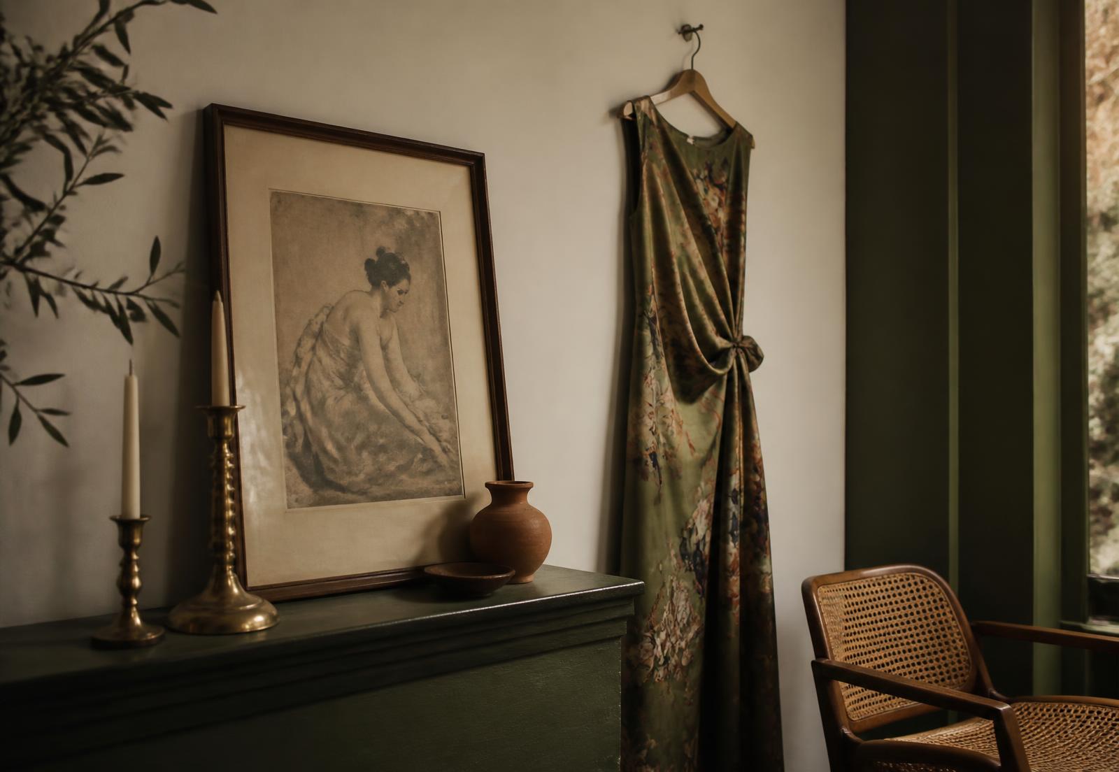 Canto curado com quadro emoldurado, vestido de seda e castiçais de latão